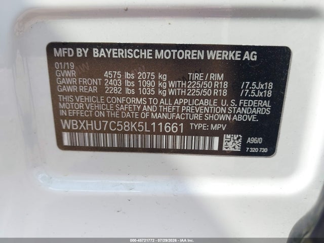 45721772 :رقم المزاد ، WBXHU7C58K5L11661 vin ، 2019 Bmw X1 Sdrive28i مزاد بيع