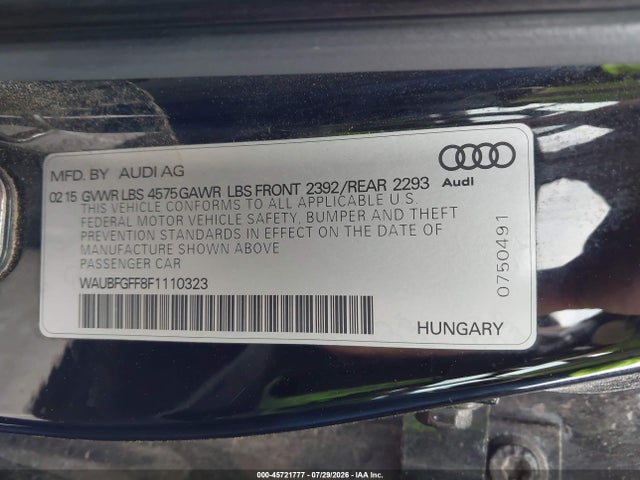 45721777 :رقم المزاد ، WAUBFGFF8F1110323 vin ، 2015 Audi A3 2.0t Premium مزاد بيع