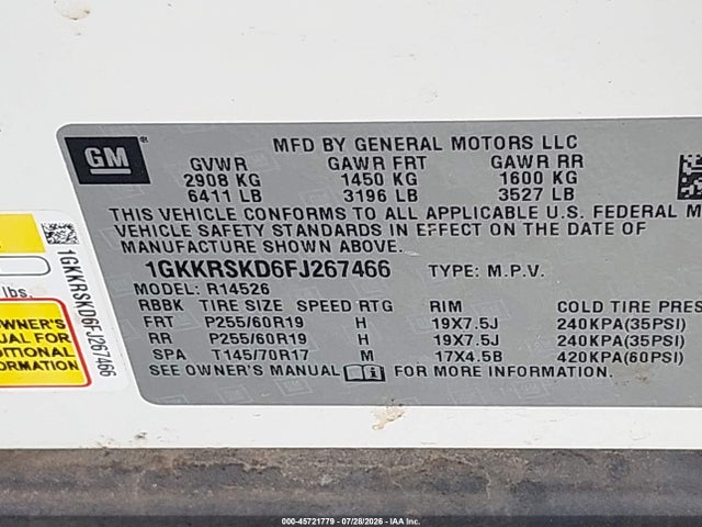 Aukcja sprzedaży 2015 Gmc Acadia Slt-2, vin: 1GKKRSKD6FJ267466, numer aukcji: 45721779