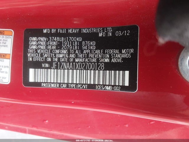45721783 :رقم المزاد ، JF1ZNAA1XD2700128 vin ، 2013 Scion Fr-s مزاد بيع