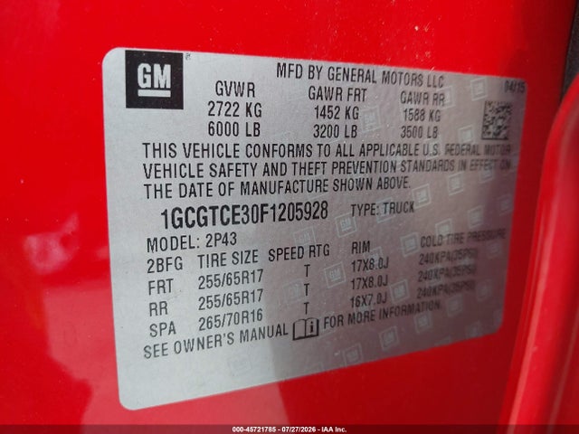 Продажа на аукционе авто 2015 Chevrolet Colorado Z71, vin: 1GCGTCE30F1205928, номер лота: 45721785