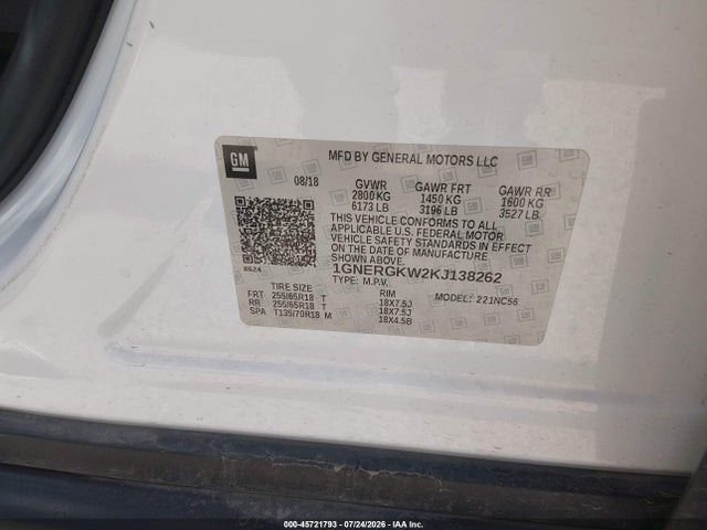1GNERGKW2KJ138262 Chevrolet Traverse 1lt