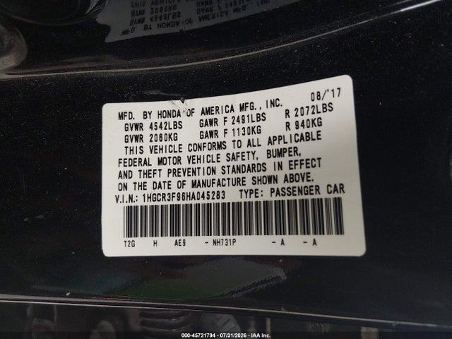 Aukcja sprzedaży 2017 Honda Accord Touring V6, vin: 1HGCR3F96HA045283, numer aukcji: 45721794