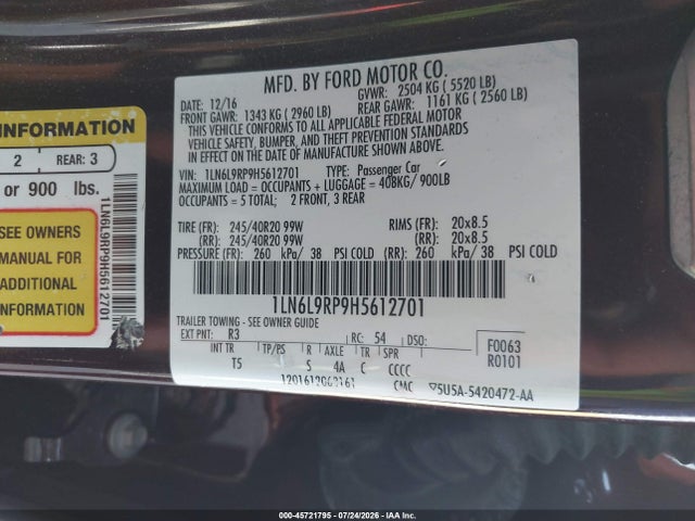 Aukcja sprzedaży 2017 Lincoln Continental Reserve, vin: 1LN6L9RP9H5612701, numer aukcji: 45721795