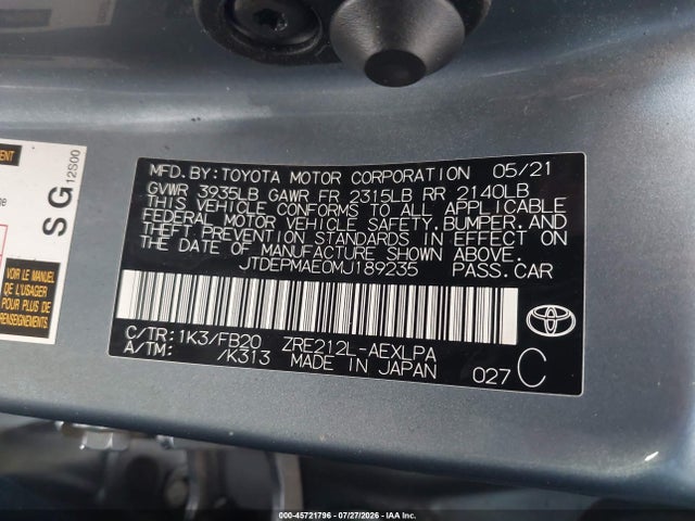 Toyota COROLLA LE 2021 JTDEPMAE0MJ189235 Image 9