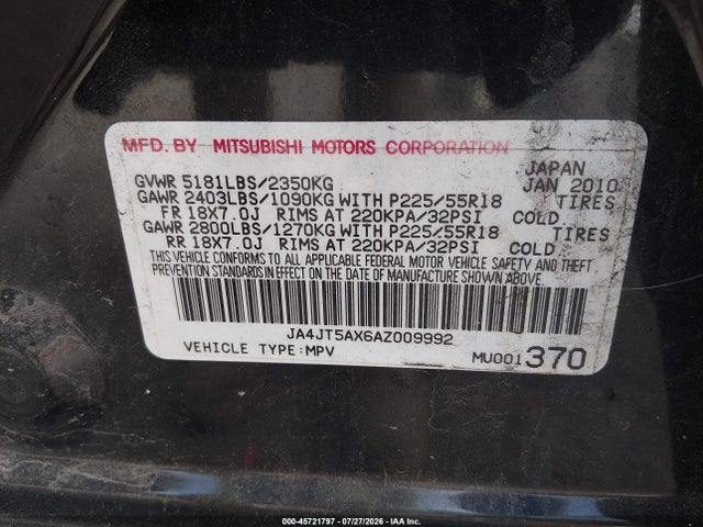 Продажа на аукционе авто 2010 Mitsubishi Outlander Gt, vin: JA4JT5AX6AZ009992, номер лота: 45721797