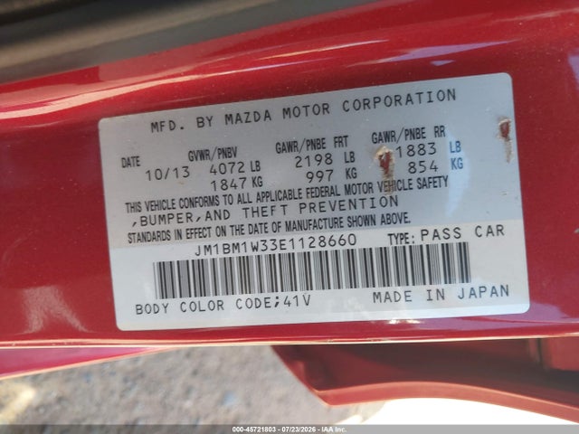 2014 Mazda Mazda3 S Grand Touring მანქანა იყიდება აუქციონზე, vin: JM1BM1W33E1128660, აუქციონის ნომერი: 45721803