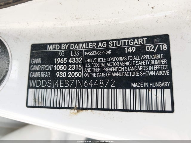 45721809 :رقم المزاد ، WDDSJ4EB7JN644872 vin ، 2018 Mercedes-benz Cla 250 مزاد بيع