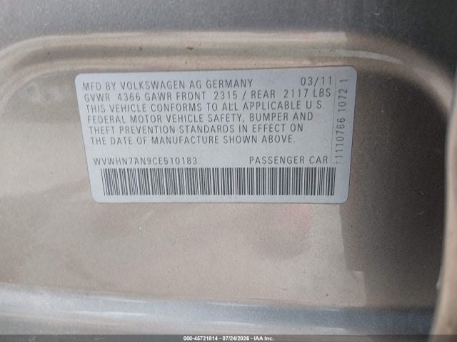Продажа на аукционе авто 2012 Volkswagen Cc Lux, vin: WVWHN7AN9CE510183, номер лота: 45721814