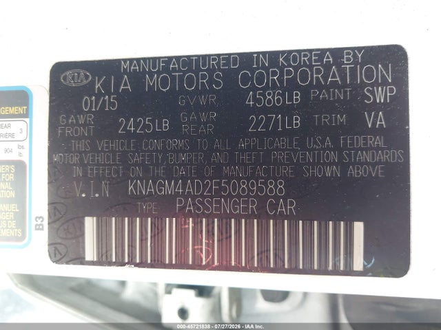 Продаж на аукціоні авто 2015 Kia Optima Hybrid, vin: KNAGM4AD2F5089588, номер лоту: 45721838