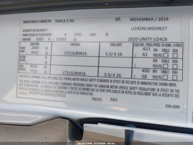 WDAPF4CD6KN029532 Mercedes-Benz Sprinter 4500 Standard Roof V6