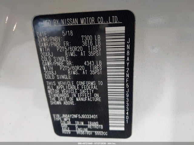 Продаж на аукціоні авто 2018 Nissan Armada Platinum, vin: JN8AY2NF5J9333401, номер лоту: 45721849