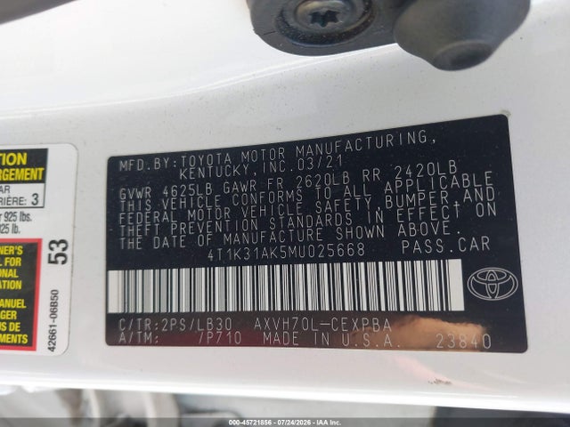 4T1K31AK5MU025668 Toyota Camry Xse Hybrid