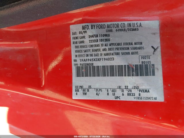 45721859 :رقم المزاد ، 1FAFP45X3XF194023 vin ، 1999 Ford Mustang Gt مزاد بيع