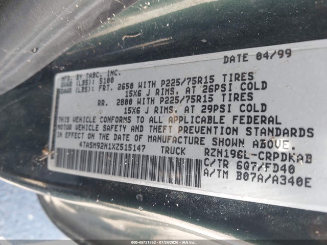 45721862 :رقم المزاد ، 4TASM92N1XZ515147 vin ، 1999 Toyota Tacoma Prerunner مزاد بيع