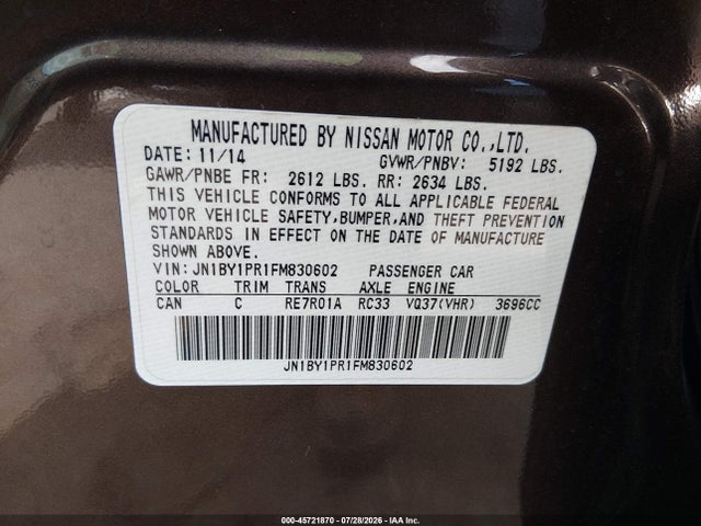 Продаж на аукціоні авто 2015 Infiniti Q70l 3.7x, vin: JN1BY1PR1FM830602, номер лоту: 45721870