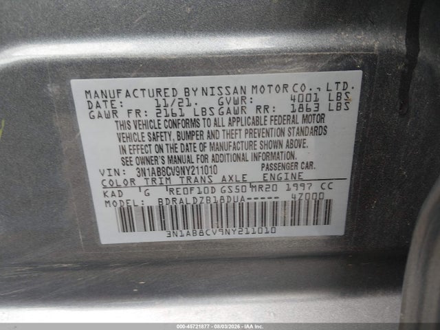 45721877 :رقم المزاد ، 3N1AB8CV9NY211010 vin ، 2022 Nissan Sentra Sv Xtronic Cvt مزاد بيع