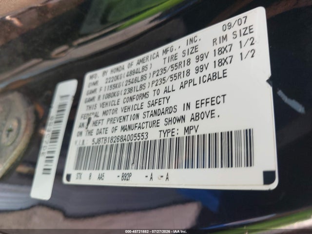 45721882 :رقم المزاد ، 5J8TB18268A005553 vin ، 2008 Acura Rdx مزاد بيع