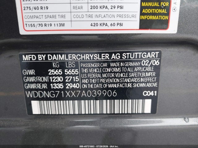 Aukcja sprzedaży 2007 Mercedes-benz S 550, vin: WDDNG71XX7A039906, numer aukcji: 45721883