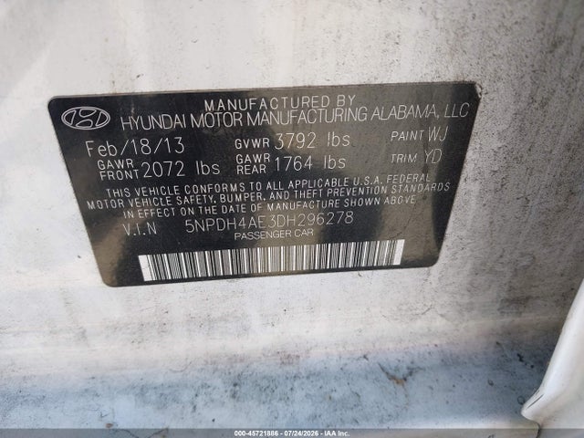 45721886 :رقم المزاد ، 5NPDH4AE3DH296278 vin ، 2013 Hyundai Elantra Limited مزاد بيع