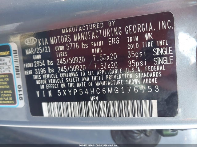 Aukcja sprzedaży 2021 Kia Telluride Sx, vin: 5XYP54HC6MG176153, numer aukcji: 45721900