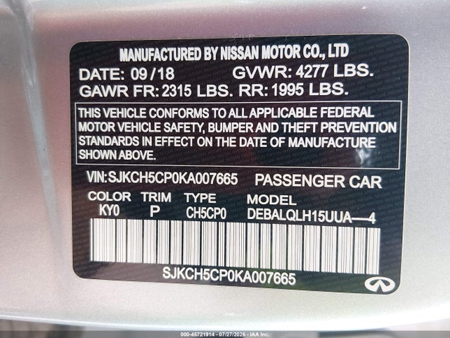 45721914 :رقم المزاد ، SJKCH5CP0KA007665 vin ، 2019 Infiniti Qx30 Luxe مزاد بيع