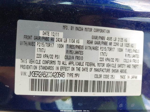 Aukcja sprzedaży 2012 Mazda Cx-7 I Sv, vin: JM3ER2A52C0420646, numer aukcji: 45721916