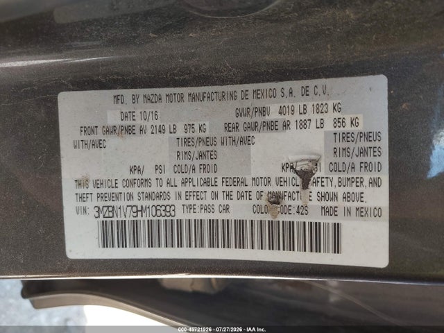45721926 :رقم المزاد ، 3MZBN1V79HM106393 vin ، 2017 Mazda Mazda3 Touring مزاد بيع