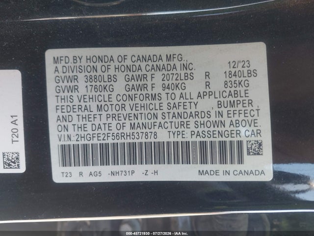 Honda Civic Sport 2024 2HGFE2F56RH537878 Image 9