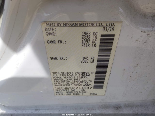 2019 Nissan Altima 2.5 S მანქანა იყიდება აუქციონზე, vin: 1N4BL4BV6KC211517, აუქციონის ნომერი: 45721931
