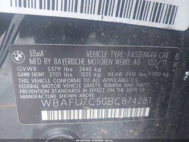 Продаж на аукціоні авто 2011 Bmw 535i Xdrive, vin: WBAFU7C50BC874281, номер лоту: 45721932