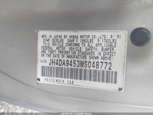45721935 :رقم المزاد ، JH4DA9453MS048772 vin ، 1991 Acura Integra Ls مزاد بيع
