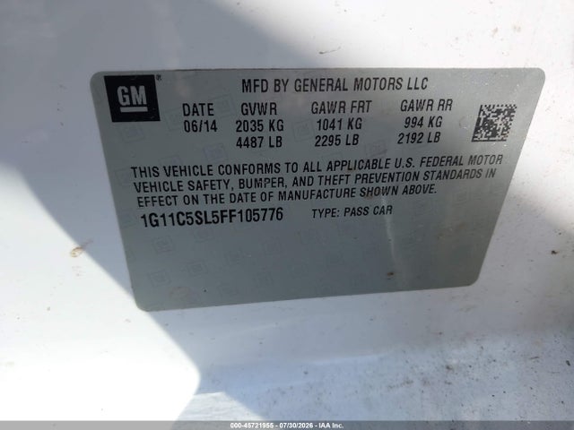 2015 Chevrolet Malibu 1lt მანქანა იყიდება აუქციონზე, vin: 1G11C5SL5FF105776, აუქციონის ნომერი: 45721955