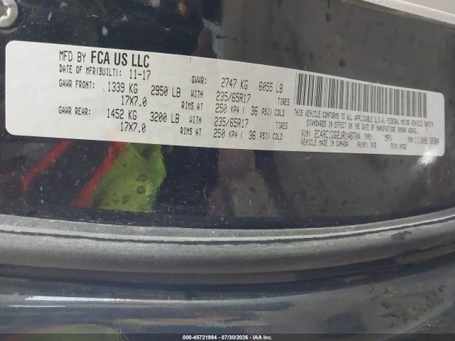 Aukcja sprzedaży 2018 Chrysler Pacifica Touring, vin: 2C4RC1DG2JR148704, numer aukcji: 45721994
