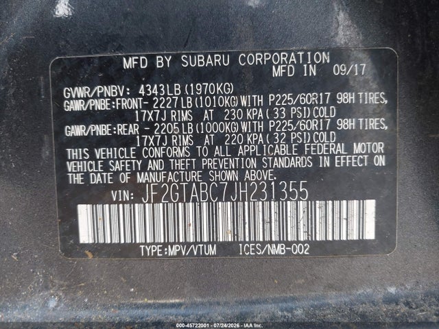 45722001 :رقم المزاد ، JF2GTABC7JH231355 vin ، 2018 Subaru Crosstrek 2.0i Premium مزاد بيع