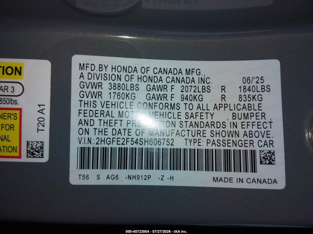 Продажа на аукционе авто 2025 Honda Civic Sport, vin: 2HGFE2F54SH606752, номер лота: 45722004