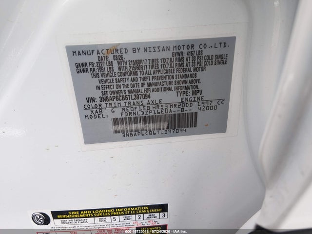 45722016 :رقم المزاد ، 3N8AP6CB6TL397094 vin ، 2026 Nissan Kicks Sv مزاد بيع