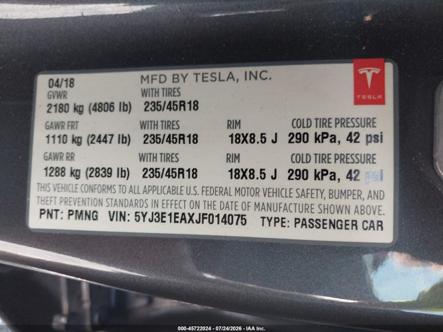 Aukcja sprzedaży 2018 Tesla Model 3 Long Range/mid Range, vin: 5YJ3E1EAXJF014075, numer aukcji: 45722024