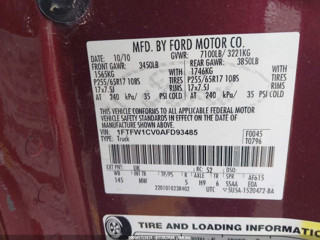 Продаж на аукціоні авто 2010 Ford F-150 Fx2 Sport/harley-davidson/king Ranch/lariat/platinum/xl/xlt, vin: 1FTFW1CV0AFD93485, номер лоту: 45722028