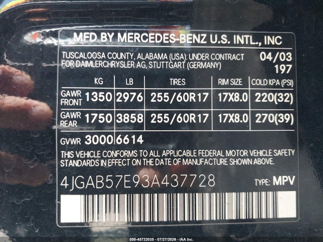 Aukcja sprzedaży 2003 Mercedes-benz Ml 350, vin: 4JGAB57E93A437728, numer aukcji: 45722035