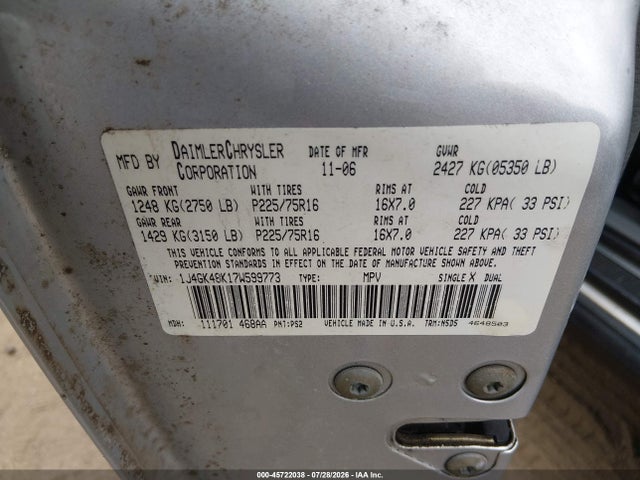 45722038 :رقم المزاد ، 1J4GK48K17W599773 vin ، 2007 Jeep Liberty Sport مزاد بيع