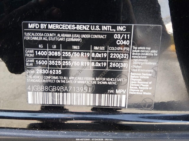 2011 Mercedes-benz Ml 350 4matic მანქანა იყიდება აუქციონზე, vin: 4JGBB8GB9BA713951, აუქციონის ნომერი: 45722041