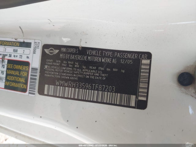 Aukcja sprzedaży 2006 Mini Cooper S, vin: WMWRH33596TF87203, numer aukcji: 45722043