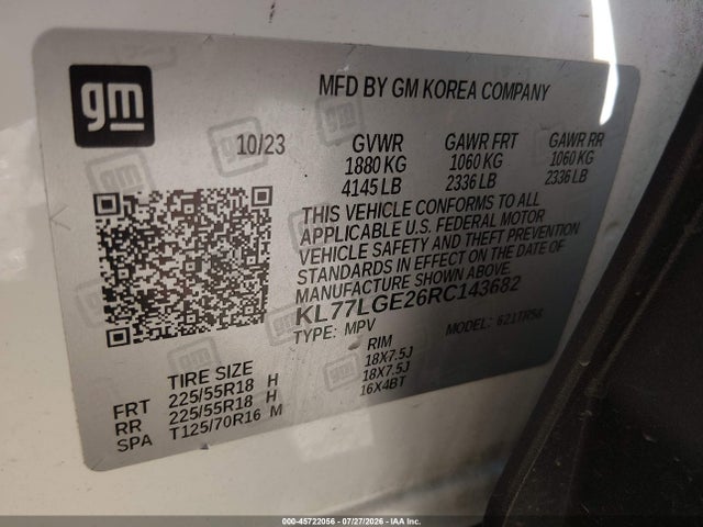 2024 Chevrolet Trax Fwd 1rs მანქანა იყიდება აუქციონზე, vin: KL77LGE26RC143682, აუქციონის ნომერი: 45722056