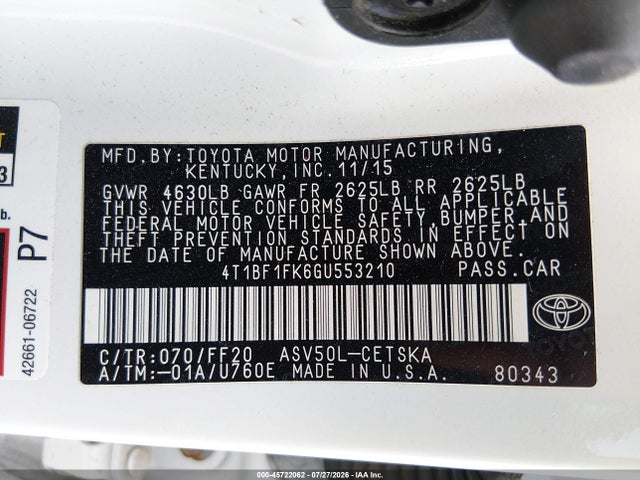 Aukcja sprzedaży 2016 Toyota Camry Se, vin: 4T1BF1FK6GU553210, numer aukcji: 45722062