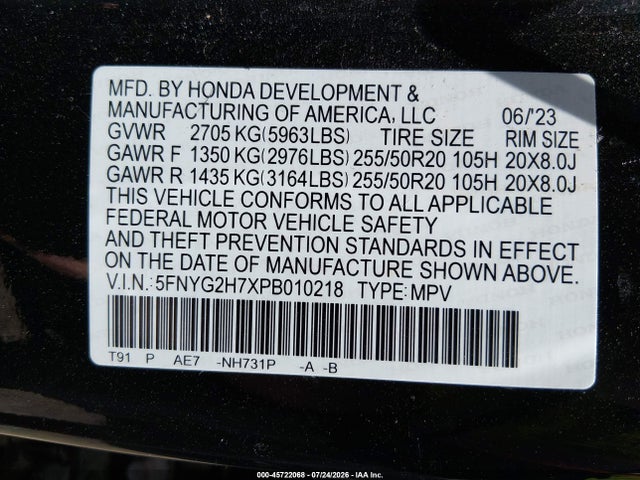 Продаж на аукціоні авто 2023 Honda Pilot 2wd Touring, vin: 5FNYG2H7XPB010218, номер лоту: 45722068
