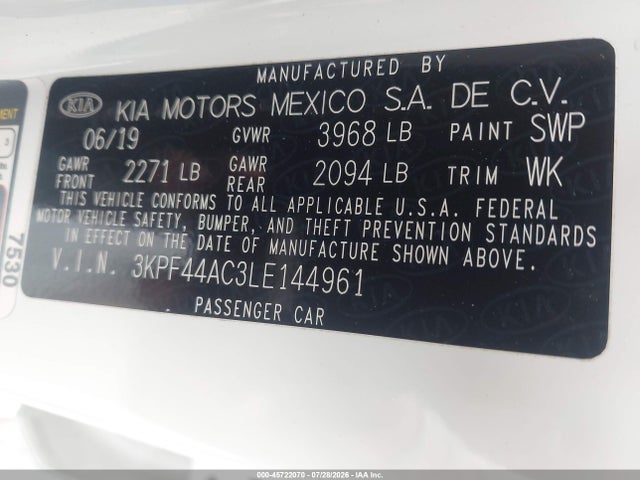 Продажа на аукционе авто 2020 Kia Forte Gt, vin: 3KPF44AC3LE144961, номер лота: 45722070