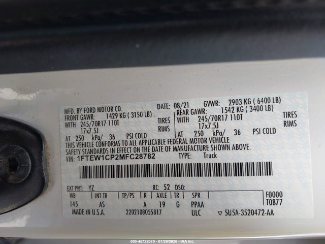 Aukcja sprzedaży 2021 Ford F-150 Xl, vin: 1FTEW1CP2MFC28782, numer aukcji: 45722079