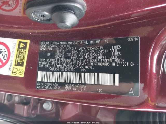 45722098 :رقم المزاد ، 5TDDKRFH2ES027900 vin ، 2014 Toyota Highlander Limited Platinum V6 مزاد بيع