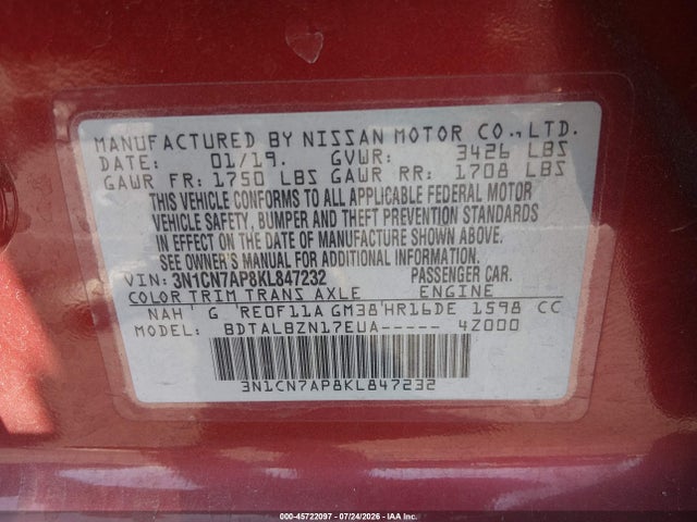 3N1CN7AP8KL847232 Nissan Versa 1.6 Sv